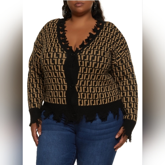 3X Geometric Print Distressed Trendy Threads | Cardigan |Black Bronze/Gold | NWT - Picture 4 of 16